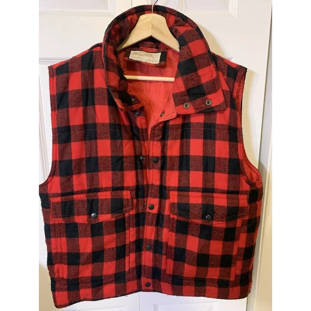 SPORTSMAN’S CHOICE Men’s‎ Sz L plaid hunting vest vtg black & red plaid outdoors